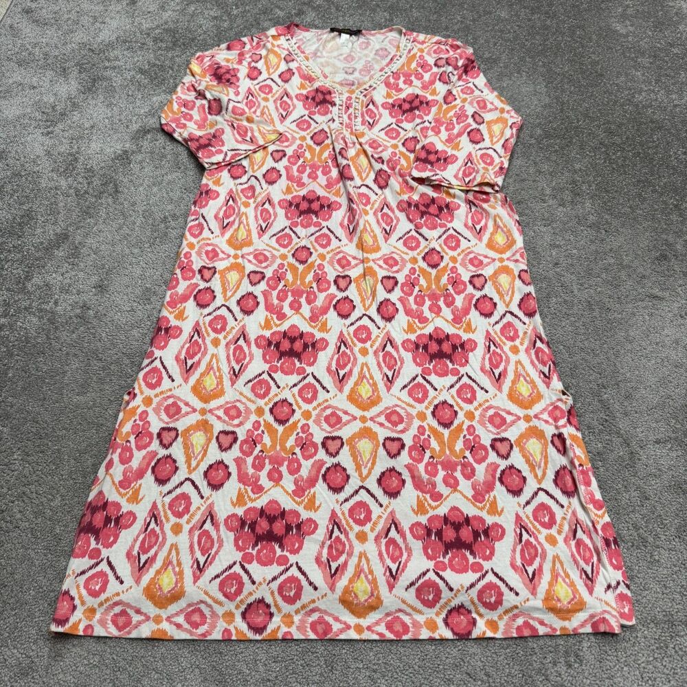 Stan Herman Night Gown Sleepwear Womens Small Pink Orange Ikat Cotton Kaftan